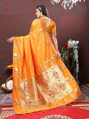 Women's latest design orange color paithani silk saree with blouse piece 3
