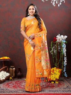 Women's latest design orange color paithani silk saree with blouse piece 5