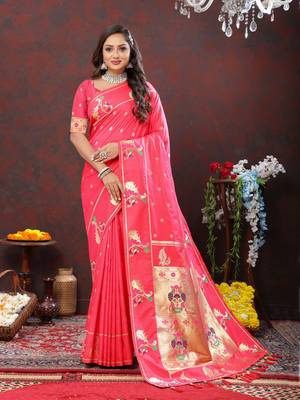 Women's latest design peach color paithani silk saree with blouse piece 1