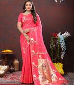 Women's latest design peach color paithani silk saree with blouse piece