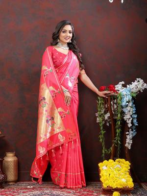 Women's latest design peach color paithani silk saree with blouse piece 2