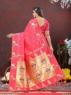 Women's latest design peach color paithani silk saree with blouse piece 3