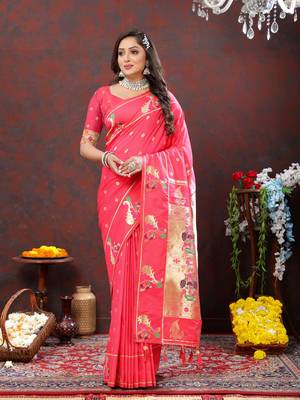 Women's latest design peach color paithani silk saree with blouse piece 5