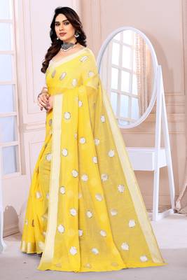 Yellow Sequince Embrodery Chanderi Silk Fancy Saree With Blouse 3