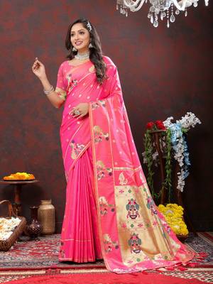 Women's latest design pink color paithani silk saree with blouse piece 1