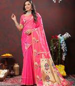 Women's latest design pink color paithani silk saree with blouse piece