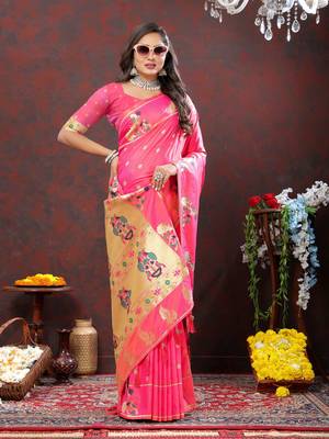 Women's latest design pink color paithani silk saree with blouse piece 2