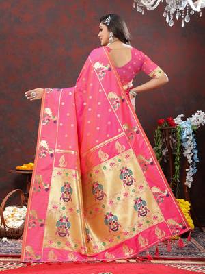 Women's latest design pink color paithani silk saree with blouse piece 3