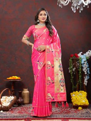 Women's latest design pink color paithani silk saree with blouse piece 5