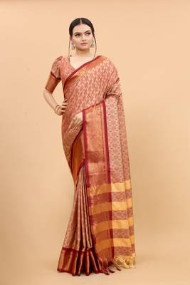 Beige Woven Checks Work Cotton Silk Dharmavaram Saree 1