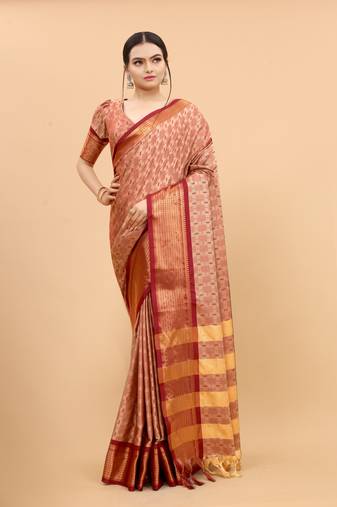 Beige Woven Checks Work Cotton Silk Dharmavaram Saree