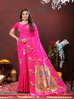 Women's latest design rani color paithani silk saree with blouse piece 1