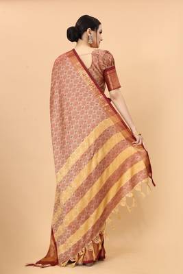 Beige Woven Checks Work Cotton Silk Dharmavaram Saree 2
