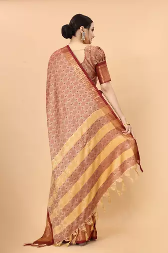Beige Woven Checks Work Cotton Silk Dharmavaram Saree