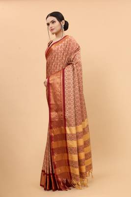 Beige Woven Checks Work Cotton Silk Dharmavaram Saree 3
