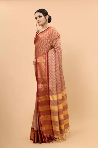 Beige Woven Checks Work Cotton Silk Dharmavaram Saree
