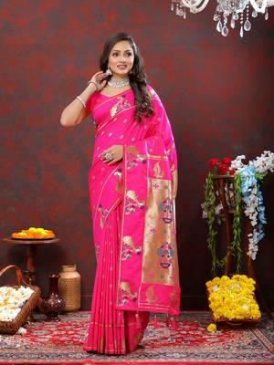 Women's latest design rani color paithani silk saree with blouse piece 5