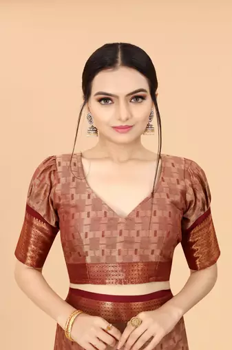 Beige Woven Checks Work Cotton Silk Dharmavaram Saree