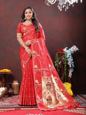 Women's latest design red color paithani silk saree with blouse piece 1