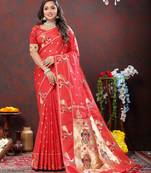 Women's latest design red color paithani silk saree with blouse piece
