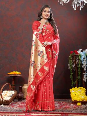 Women's latest design red color paithani silk saree with blouse piece 2