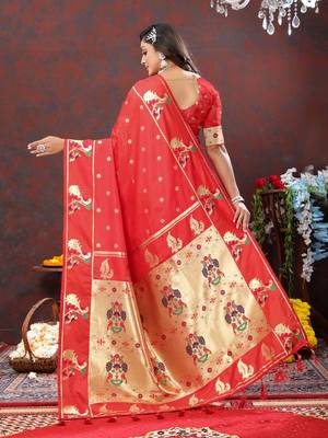 Women's latest design red color paithani silk saree with blouse piece 3