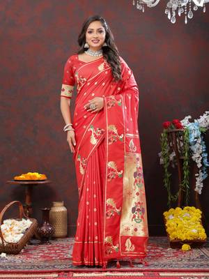 Women's latest design red color paithani silk saree with blouse piece 5
