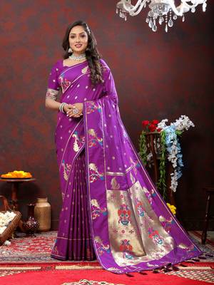 Women's latest design wine color paithani silk saree with blouse piece 1