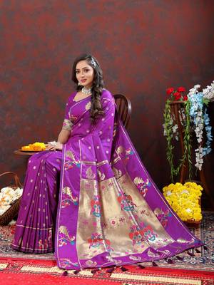 Women's latest design wine color paithani silk saree with blouse piece 5