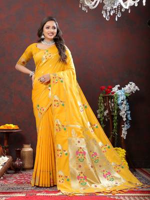 Women's latest design yellow color paithani silk saree with blouse piece 1