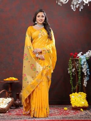 Women's latest design yellow color paithani silk saree with blouse piece 2
