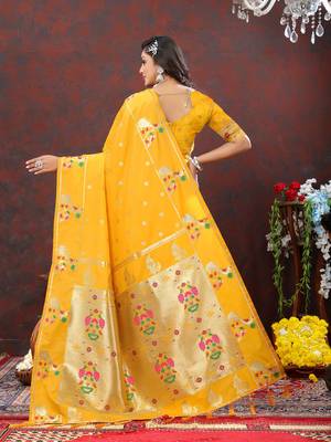 Women's latest design yellow color paithani silk saree with blouse piece 3