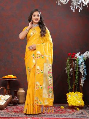 Women's latest design yellow color paithani silk saree with blouse piece 5