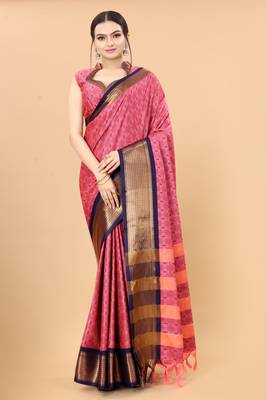 Light Pink Woven Checks Work Cotton Silk Dharmavaram Saree 1