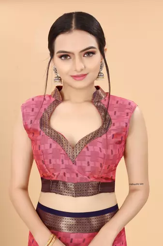 Light Pink Woven Checks Work Cotton Silk Dharmavaram Saree