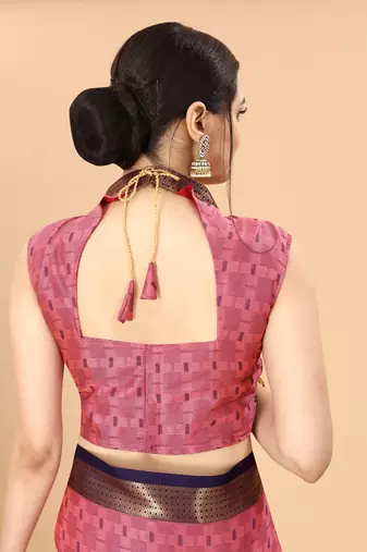 Light Pink Woven Checks Work Cotton Silk Dharmavaram Saree