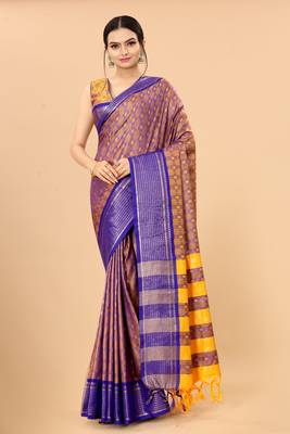 Gold Blue Woven Checks Work Cotton Silk Dharmavaram Saree 1
