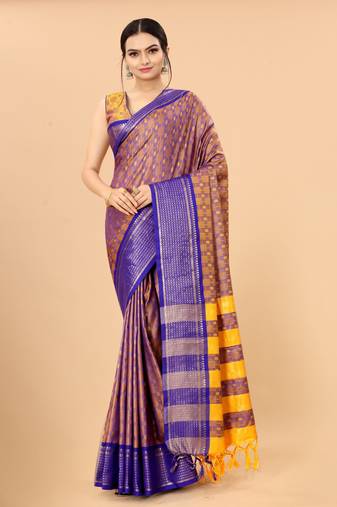Gold Blue Woven Checks Work Cotton Silk Dharmavaram Saree