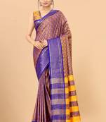 Gold Blue Woven Checks Work Cotton Silk Dharmavaram Saree