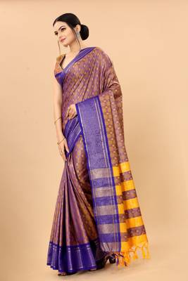 Gold Blue Woven Checks Work Cotton Silk Dharmavaram Saree 3