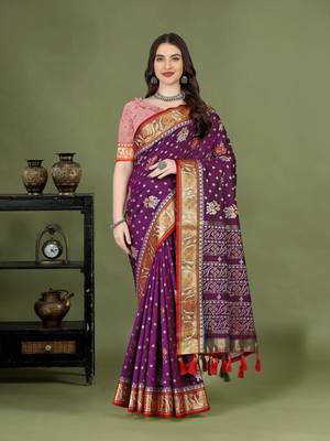 Women's latest design wine color patola silk saree with blouse piece 1