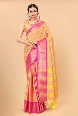 Gold Pink Woven Checks Work Cotton Silk Dharmavaram Saree 1