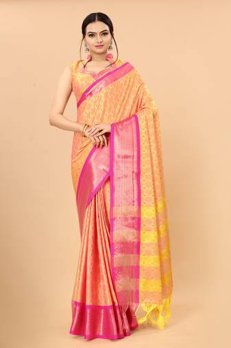 Gold Pink Woven Checks Work Cotton Silk Dharmavaram Saree