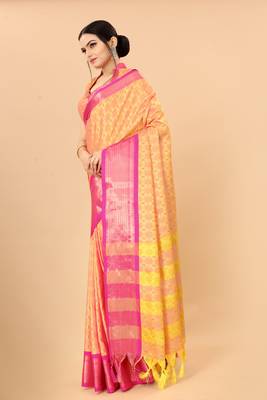 Gold Pink Woven Checks Work Cotton Silk Dharmavaram Saree 3