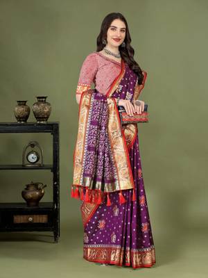 Women's latest design wine color patola silk saree with blouse piece 5
