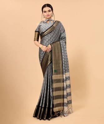 Grey Woven Checks Work Cotton Silk Dharmavaram Saree 1