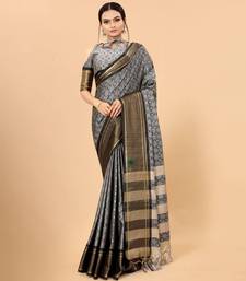 Grey Woven Checks Work Cotton Silk Dharmavaram Saree