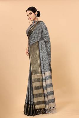 Grey Woven Checks Work Cotton Silk Dharmavaram Saree 3