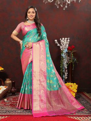 Women's latest design rama color soft cotton saree with blouse piece 1