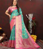 Women's latest design rama color soft cotton saree with blouse piece